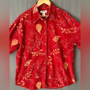 VTG Eddie Bauer Women's L Red Corduroy Velvet Long Sleeve Button Down